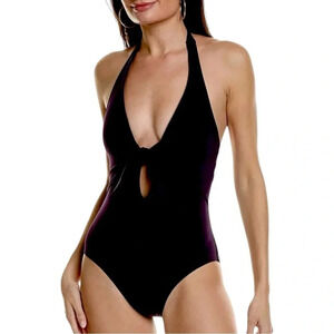 NWT Vince Camuto Tie Front Key Hole Halter One Piece Swimsuit Black Size 6